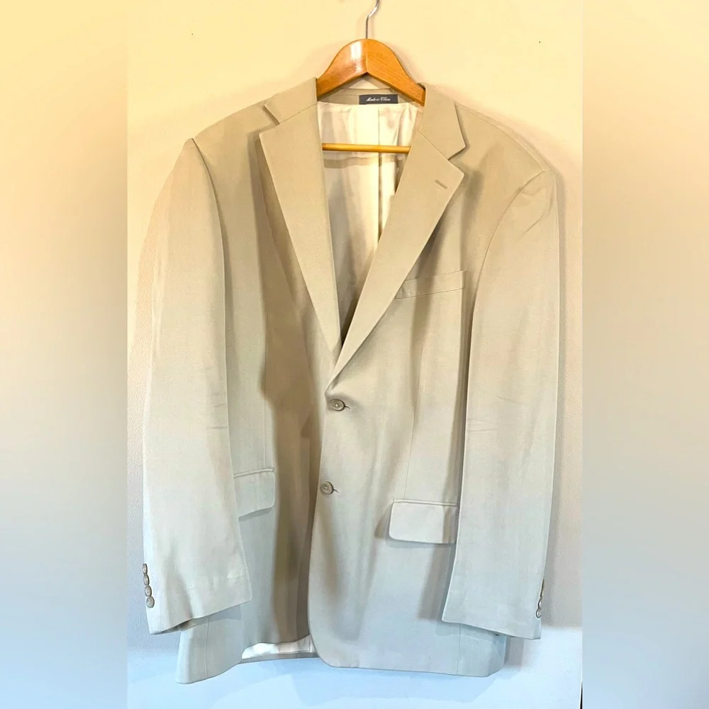 Oscar De‎ La Renta Men's 44L 100% Silk Sport Coat Beige Herringbone Blazer